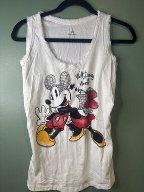 Disney Parks Mickey & Minnie Fringe Hem Tank Top Size M Cute Graphic vacation